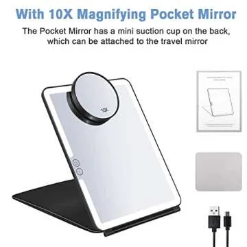 KEDSUM 10x Large Lighted Makeup Mirror, LED Travel Mirror with Lights, Compact Vanity Mirror with Touch Screen Dimming, 1x/10x Magnifying Mirror, Brightness Adjustable