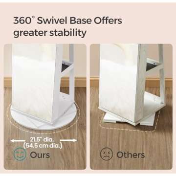 SONGMICS 6 LEDs Lockable Mirror Jewelry Cabinet, 360° Swivel Jewelry Organizer, Standing Jewelry Armoire, Frameless Full-Length Mirror, 3 Storage Shelves, White Surface, Black Lining UJJC007W01