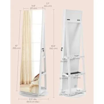 SONGMICS 6 LEDs Lockable Mirror Jewelry Cabinet, 360° Swivel Jewelry Organizer, Standing Jewelry Armoire, Frameless Full-Length Mirror, 3 Storage Shelves, White Surface, Black Lining UJJC007W01