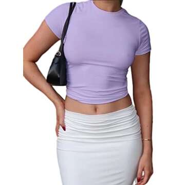Dwnval Women Sexy Basic T Shirts Tops Spring Summer Short Sleeve Crewneck Slim Fit Cute Crop Top Blouses(Purple, S)