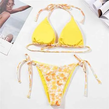 Women's Two Piece Bikini Swimsuit Set Floral Padded Top Tie Side Triangle Thong Bathing Suit Yellow