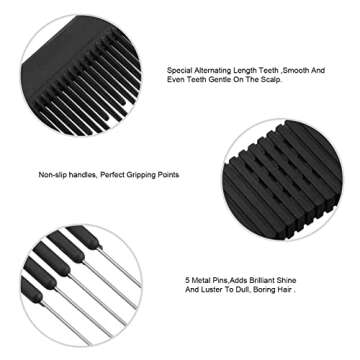 Leinuosen 3 Pack Carbon Lift Teasing Combs with Metal Prong, Hair Pick Comb for Women Hair Styling(Black)