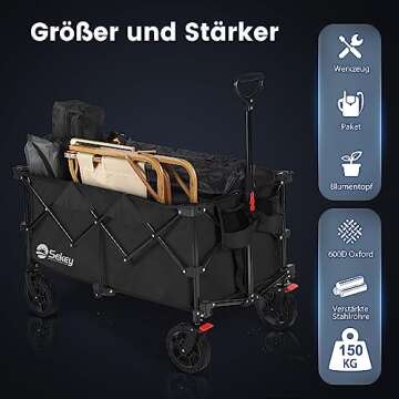 Sekey 220L Collapsible Foldable Wagon with 330lbs Weight Capacity, Heavy Duty Folding Wagon Cart with Big All-Terrain Wheels & Drink Holders (Black)