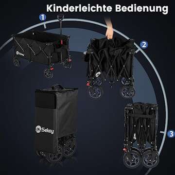 Sekey 220L Collapsible Foldable Wagon with 330lbs Weight Capacity, Heavy Duty Folding Wagon Cart with Big All-Terrain Wheels & Drink Holders (Black)