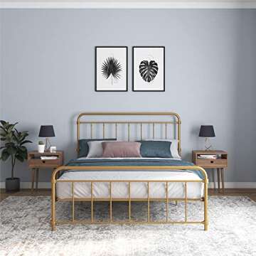 DHP Winston Metal Platform Bed with Rustic Design and Curved Edge Headboard and Footboard, Adjustable Base Height for Underbed Storage, No Box Spring Needed, Full, Gold
