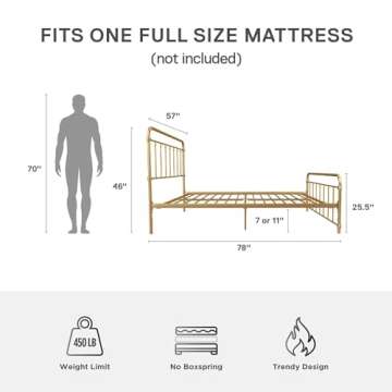 DHP Winston Metal Platform Bed with Rustic Design and Curved Edge Headboard and Footboard, Adjustable Base Height for Underbed Storage, No Box Spring Needed, Full, Gold