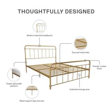 DHP Winston Metal Platform Bed with Rustic Design and Curved Edge Headboard and Footboard, Adjustable Base Height for Underbed Storage, No Box Spring Needed, Full, Gold