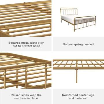 DHP Winston Metal Platform Bed with Rustic Design and Curved Edge Headboard and Footboard, Adjustable Base Height for Underbed Storage, No Box Spring Needed, Full, Gold