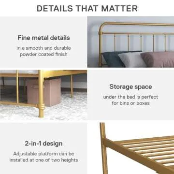 DHP Winston Metal Platform Bed with Rustic Design and Curved Edge Headboard and Footboard, Adjustable Base Height for Underbed Storage, No Box Spring Needed, Full, Gold