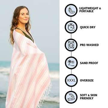 Folkulture Oversized Striped Beach Towel with Tote Bag - Quick Dry, Sand-proof for Summer Adventures