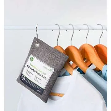 5 Pack Bamboo Charcoal Air Purifying Bags with Hooks,Charcoal Bags Odor Absorber for Home,Odor Eliminator,Closet Deodorizer, Car Air Freshener(5 Pack, 200g Each)