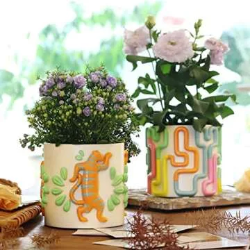 GUGUGO Colorful Flowers Planters Cute Unique Rainbow Planter with Drainage,Vintage Retro Eclectic Flower Plant pots for Indoor Plants and Succulent,Boho Modern Home Décor