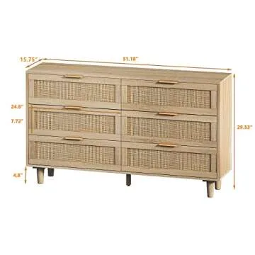 BFJDM 51.18'' 6 Drawer Rattan Storage Dresser Rectangle Wood Cabinet for Living Room Hallway Entryway Bedroom(Natural)