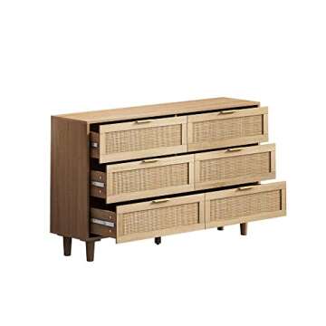 BFJDM 51.18'' 6 Drawer Rattan Storage Dresser Rectangle Wood Cabinet for Living Room Hallway Entryway Bedroom(Natural)
