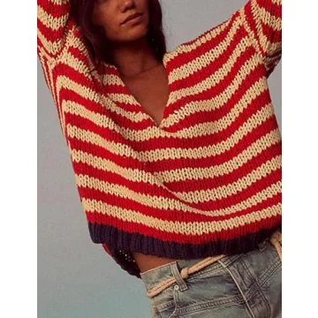 hathne Women's Oversized Striped Sweaters Pullover Fall Knitwear V Neck Color Block Sweaters Tops(Red,M)