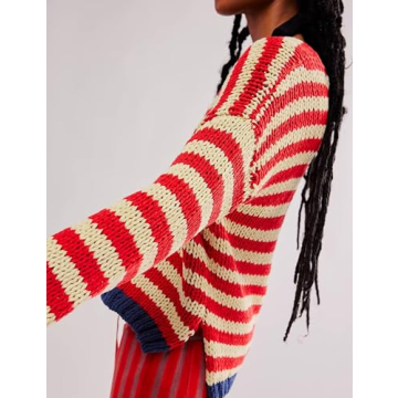 hathne Women's Oversized Striped Sweaters Pullover Fall Knitwear V Neck Color Block Sweaters Tops(Red,M)