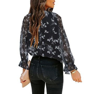 Aoudery Womens Casual Boho Floral Print V Neck Long Sleeve Blouses Button Down Shirts Dressy Chiffon Loose Ruffle Tops - Black White S
