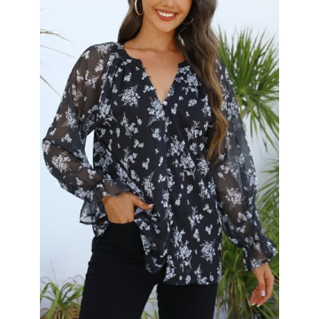 Aoudery Womens Casual Boho Floral Print V Neck Long Sleeve Blouses Button Down Shirts Dressy Chiffon Loose Ruffle Tops - Black White S
