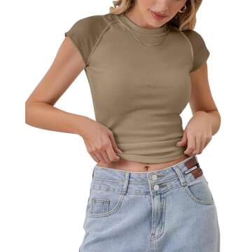 calbatic Women Basic Ribbed Knit Cap Sleeve Tops Crewneck Patchwork T Shirt Slim Fit Teen Girls Casu...