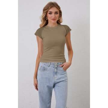 calbatic Women Basic Ribbed Knit Cap Sleeve Tops Crewneck Patchwork T Shirt Slim Fit Teen Girls Casual Summer Tee Tops Army Green