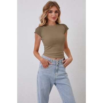 calbatic Women Basic Ribbed Knit Cap Sleeve Tops Crewneck Patchwork T Shirt Slim Fit Teen Girls Casual Summer Tee Tops Army Green