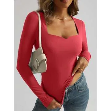 Trendy Queen Womens Long Sleeve Shirts Sweetheart Neckline Basic Crop Tops Cute Fall Tshirt Y2k Going Out Outfits 2024 Red L