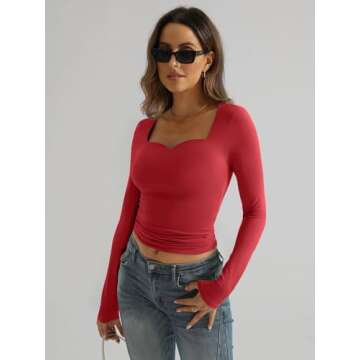 Trendy Queen Womens Long Sleeve Shirts Sweetheart Neckline Basic Crop Tops Cute Fall Tshirt Y2k Going Out Outfits 2024 Red L
