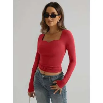 Trendy Queen Womens Long Sleeve Shirts Sweetheart Neckline Basic Crop Tops Cute Fall Tshirt Y2k Going Out Outfits 2024 Red L