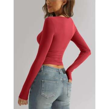 Trendy Queen Womens Long Sleeve Shirts Sweetheart Neckline Basic Crop Tops Cute Fall Tshirt Y2k Going Out Outfits 2024 Red L
