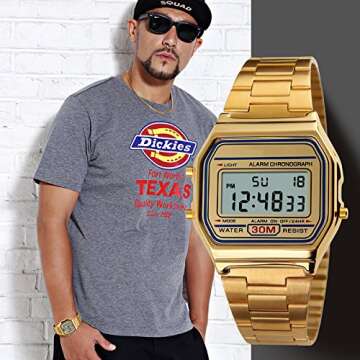 VIGOROSO Men Lady Vintage Retro Gold Stainless Steel Digital Casual Watch Alarm Stopwatch(Gold)