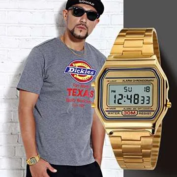 VIGOROSO Men Lady Vintage Retro Gold Stainless Steel Digital Casual Watch Alarm Stopwatch(Gold)