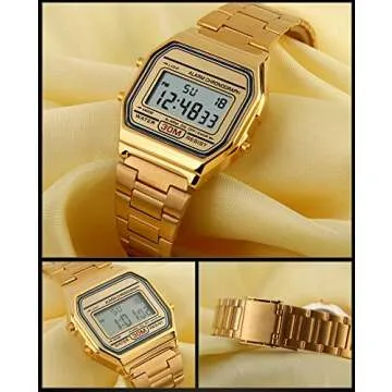 VIGOROSO Men Lady Vintage Retro Gold Stainless Steel Digital Casual Watch Alarm Stopwatch(Gold)