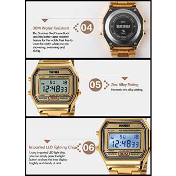 VIGOROSO Men Lady Vintage Retro Gold Stainless Steel Digital Casual Watch Alarm Stopwatch(Gold)