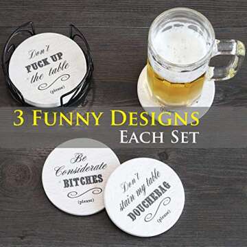 Funny Coasters for Drinks Absorbent with Holder | 6 Pcs Novelty Gift Set | 3 Different Sayings | Present for Friends, Men, Women, Housewarming Man Cave Decor Hostess Gifts Ideas, Birthday, Holiday