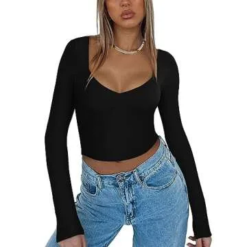 Stylish REORIA Women's Cropped Long Sleeve T Shirt