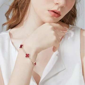 VICTFAFA 4 Leaf Clover bracelets for Women, Dainty Lucky Charm bracelet, Simple Clover bracelet Jewelry for Women（Red）