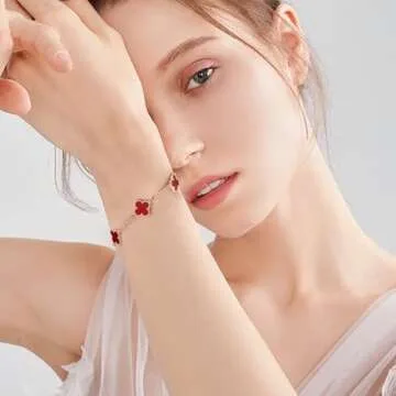 VICTFAFA 4 Leaf Clover bracelets for Women, Dainty Lucky Charm bracelet, Simple Clover bracelet Jewelry for Women（Red）