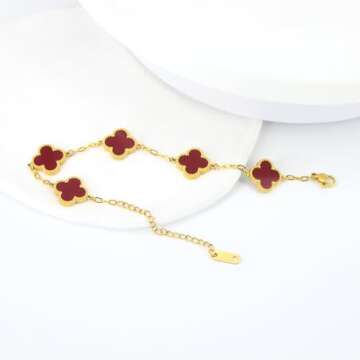 VICTFAFA 4 Leaf Clover bracelets for Women, Dainty Lucky Charm bracelet, Simple Clover bracelet Jewelry for Women（Red）