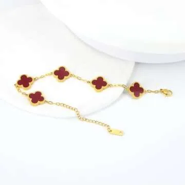 VICTFAFA 4 Leaf Clover bracelets for Women, Dainty Lucky Charm bracelet, Simple Clover bracelet Jewelry for Women（Red）