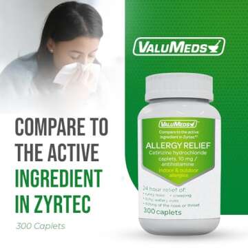 ValuMeds 24-Hour Allergy Medicine (300-Count) Antihistamine for Pollen, Hay Fever, Dry, Itchy Eyes, Allergies | Cetirizine HCl 10mg Caplets, Compare to Zyrtec