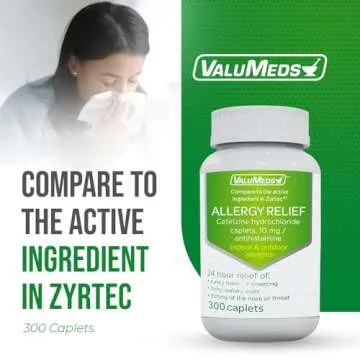 ValuMeds 24-Hour Allergy Medicine (300-Count) Antihistamine for Pollen, Hay Fever, Dry, Itchy Eyes, Allergies | Cetirizine HCl 10mg Caplets, Compare to Zyrtec