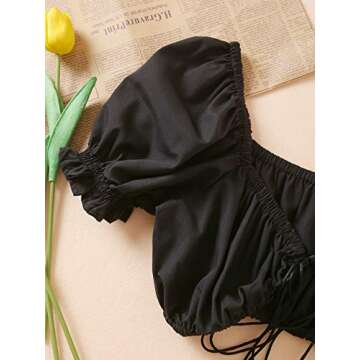 MakeMeChic Women's Tie Front Ruched Puff Sleeve Top