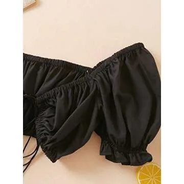 MakeMeChic Women's Tie Front Ruched Puff Sleeve Top