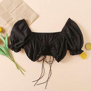 MakeMeChic Women's Tie Front Ruched Puff Sleeve Top