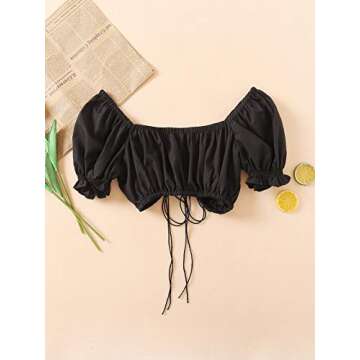 MakeMeChic Women's Tie Front Ruched Puff Sleeve Top