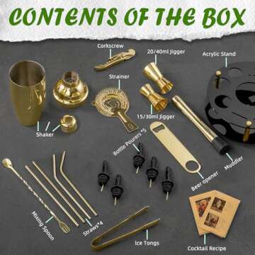 X-cosrack 19-Piece Bar Set, Gold Cocktail Shaker Set for Drink Mixing: Stainless Steel Bar Tools wit...