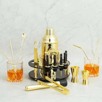 X-cosrack 19-Piece Bar Set, Gold Cocktail Shaker Set for Drink Mixing: Stainless Steel Bar Tools with Rotating Stand, Professional Bartender Kit for Home Bars, Parties
