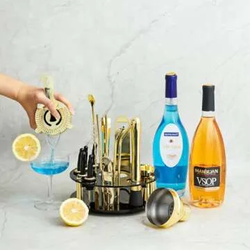 X-cosrack 19-Piece Bar Set, Gold Cocktail Shaker Set for Drink Mixing: Stainless Steel Bar Tools with Rotating Stand, Professional Bartender Kit for Home Bars, Parties