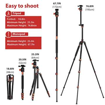GEEKOTO Horizontal Tripod, 76 Inch Aluminum Camera Tripod Monopod with 360 Degree Rotatable Center Column and Ball Head, Professional Tripod with Quick Release Plate, Carry Bag