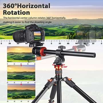GEEKOTO Horizontal Tripod, 76 Inch Aluminum Camera Tripod Monopod with 360 Degree Rotatable Center Column and Ball Head, Professional Tripod with Quick Release Plate, Carry Bag